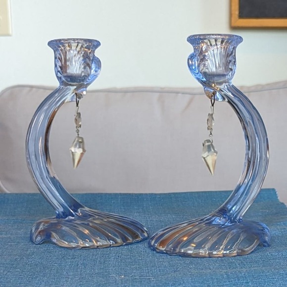 Pair Of Cambridge Glass Blue Caprice Candle Holders Art Deco Elegant Glass 7.5" - Picture 11 of 12